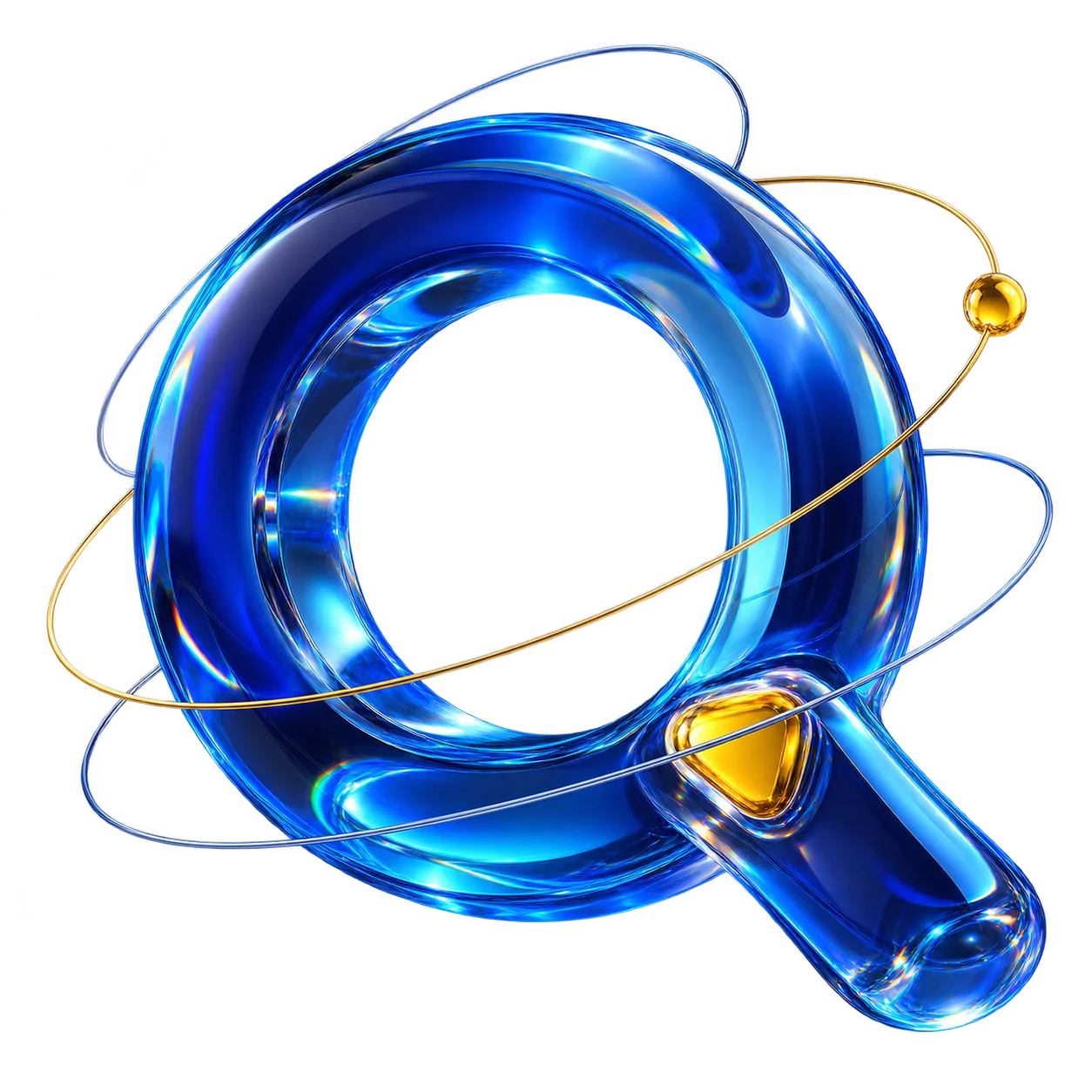 Cyan-blue glass MQUAD Q with golden orbital accents